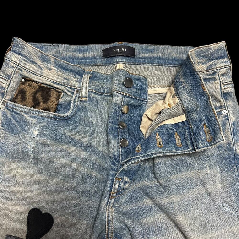 $1390 Amiri Men's Artpatch Distressed Jeans Light Denim Embelished Blue Sz 33 - Picture 10 of 14